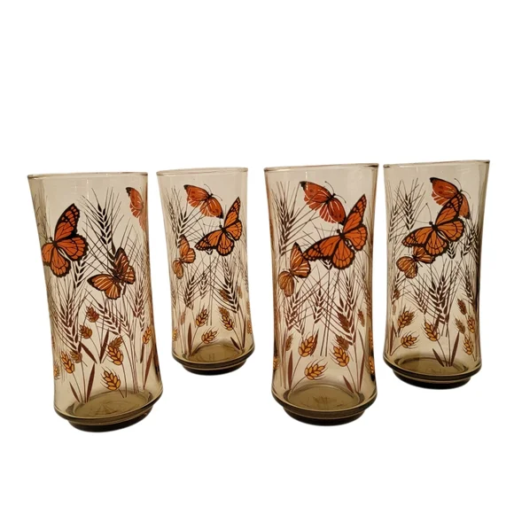 4 Vintage Retro Butterfly Wheat Design Smoked Tall Tumblers Drinking Glasses - Picture 8 of 8